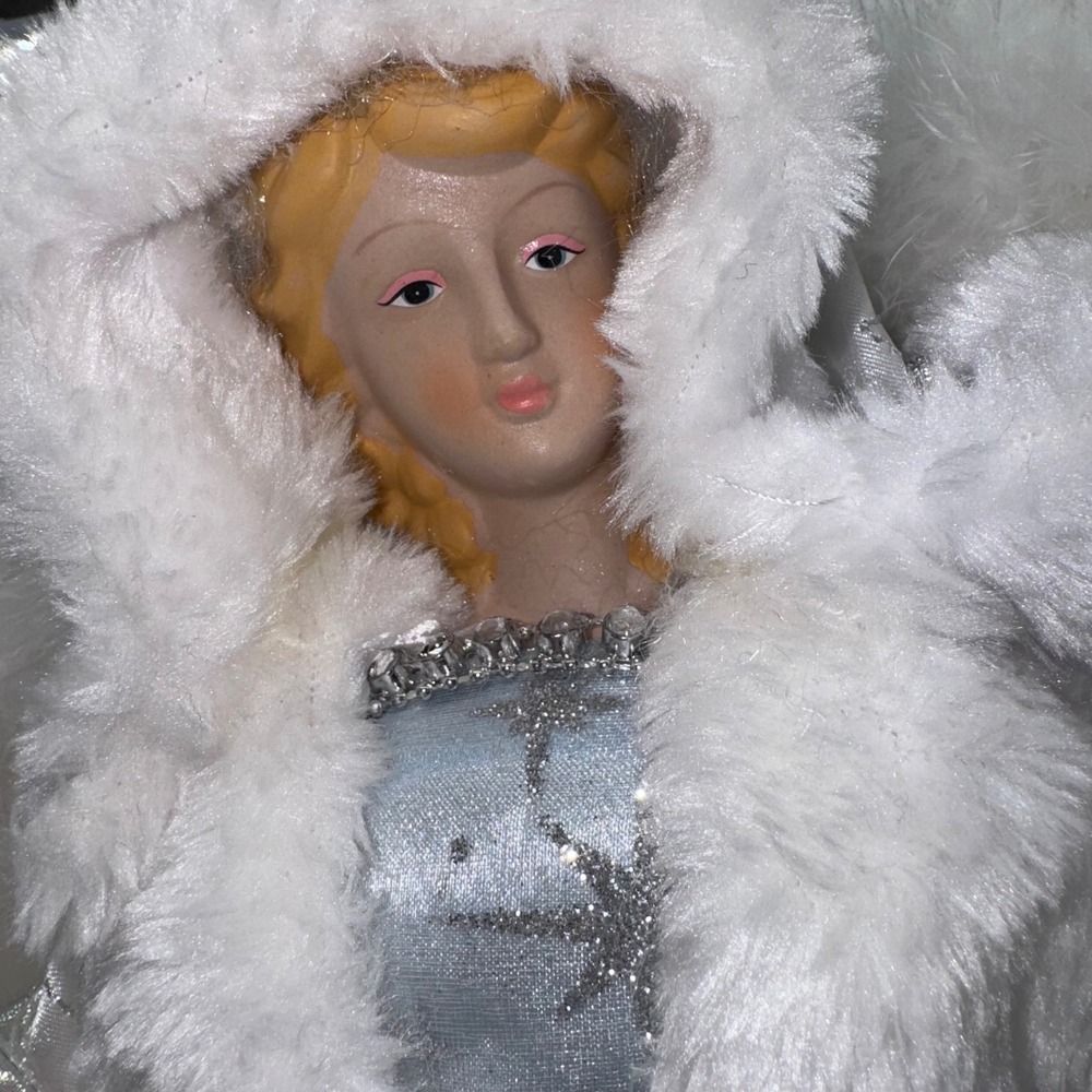 Christmas Tree‎ Topper Angel White Faux Fur Blue Gown Glitter Stars Ice Queen - Picture 3 of 12